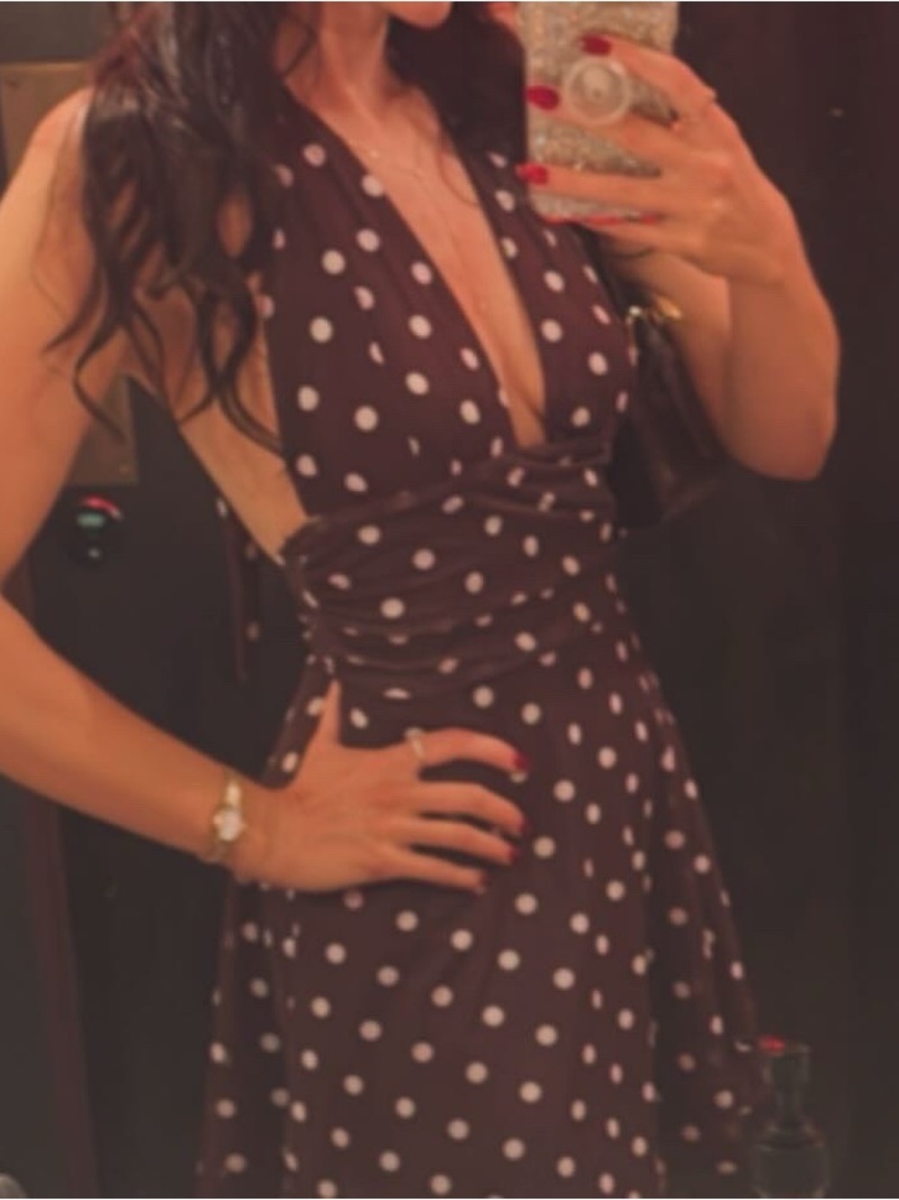 Polka Dot Halter Midi Dress in Dark Brown with White Dots